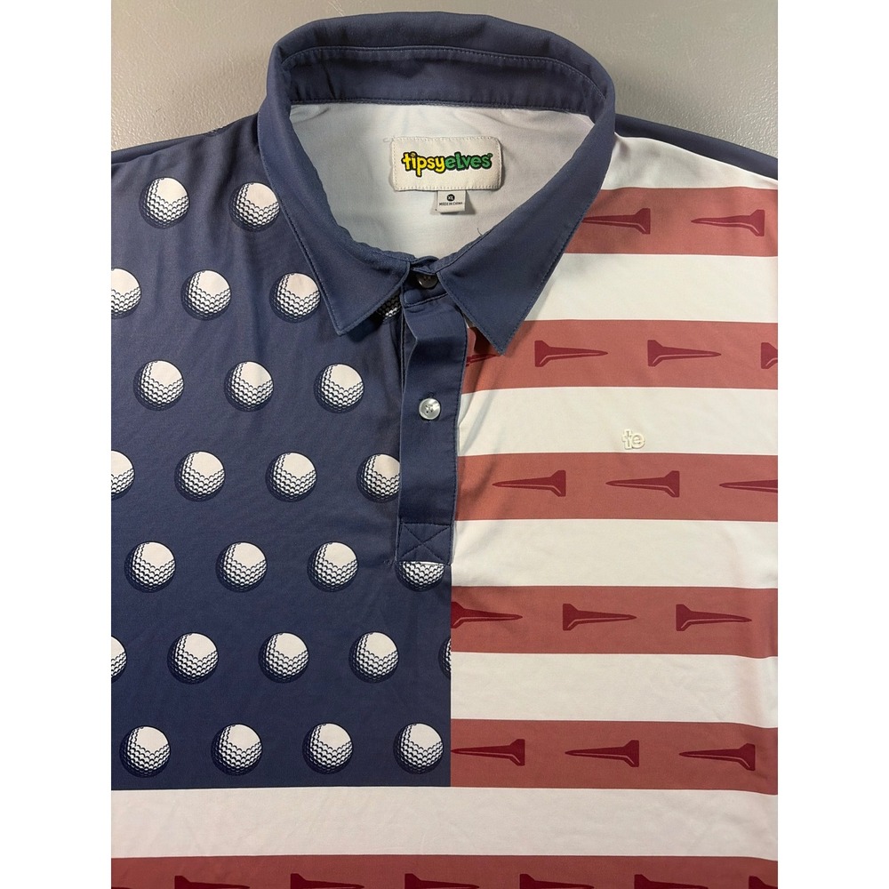Tipsy Elves Golf Polo Shirt Mens XL Blue Red American Flag Balls Tees Patriotic